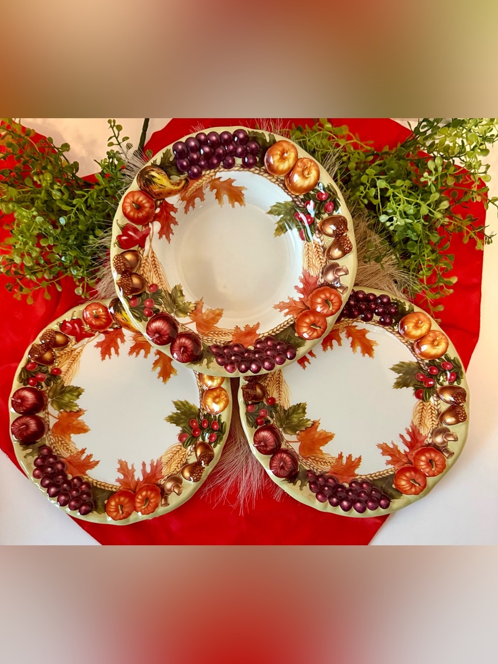 Autumn Harvest Decorative HEAVY PLASTIC  Bowl and Two Plates